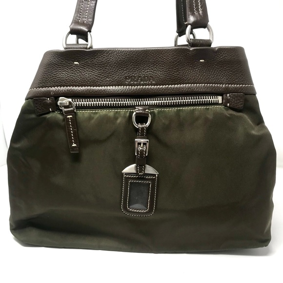 *SOLD* Prada Green Nylon & Brown Leather Twin Handle Bag - Picture 2 of 12